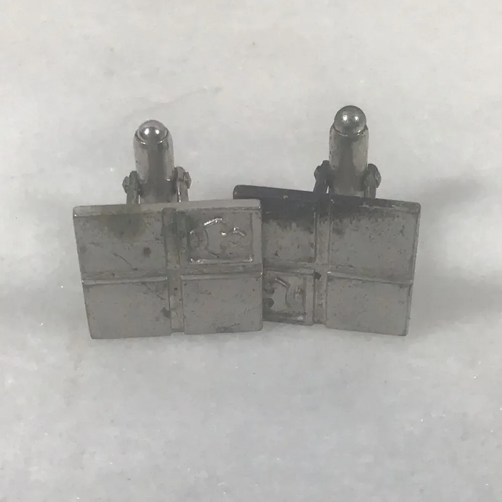 Vintage Silver Tone Square Grid Industrial Brutalist Cufflinks Retro Mod Design